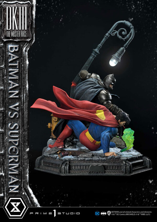 Prime 1 Studio Deluxe Version Statue featuring Batman versus Superman from DC Comics, showcasing a dynamic battle scene with detailed, realistic sculpting of both iconic characters.