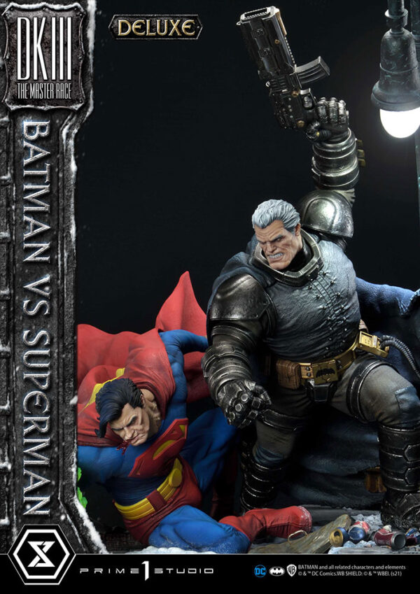 Prime 1 Studio Deluxe Version Statue featuring Batman versus Superman from DC Comics, showcasing a dynamic battle scene with detailed, realistic sculpting of both iconic characters.