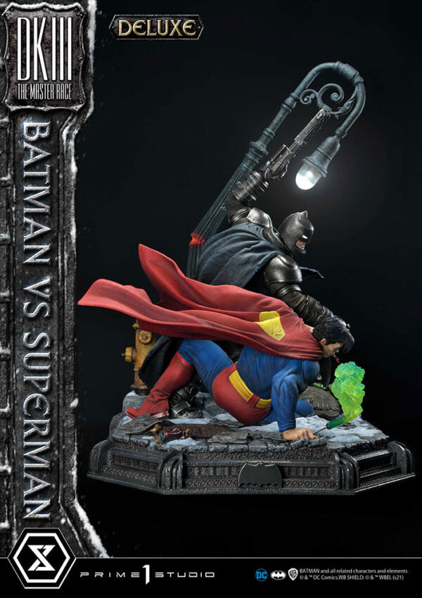 Prime 1 Studio Deluxe Version Statue featuring Batman versus Superman from DC Comics, showcasing a dynamic battle scene with detailed, realistic sculpting of both iconic characters.