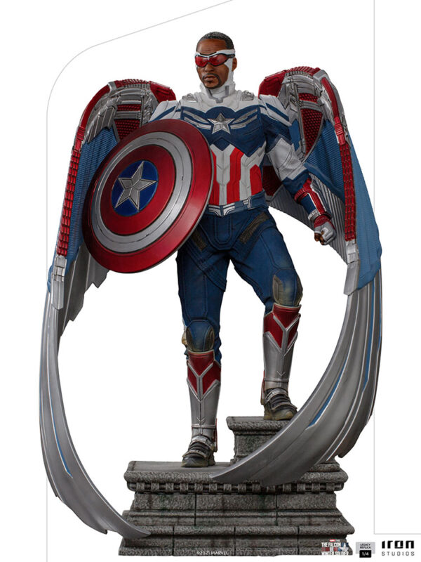 Marvel Captain America Sam Wilson Complete Version Statue by Iron Studios, showcasing the iconic superhero Sam Wilson as Captain America with detailed craftsmanship, dynamic pose, and authentic comic book colors.