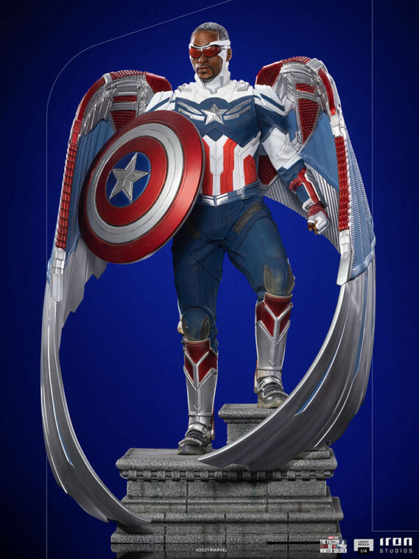 Marvel Captain America Sam Wilson Complete Version Statue by Iron Studios, showcasing the iconic superhero Sam Wilson as Captain America with detailed craftsmanship, dynamic pose, and authentic comic book colors.