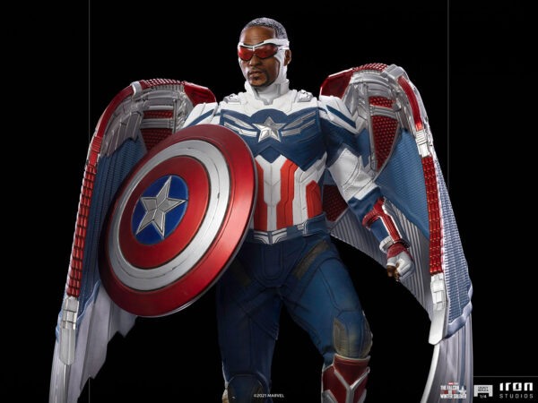 Marvel Captain America Sam Wilson Complete Version Statue by Iron Studios, showcasing the iconic superhero Sam Wilson as Captain America with detailed craftsmanship, dynamic pose, and authentic comic book colors.