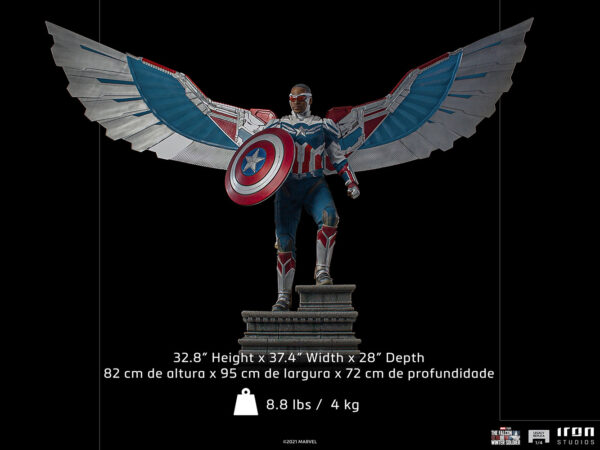 Marvel Captain America Sam Wilson Complete Version Statue by Iron Studios, showcasing the iconic superhero Sam Wilson as Captain America with detailed craftsmanship, dynamic pose, and authentic comic book colors.