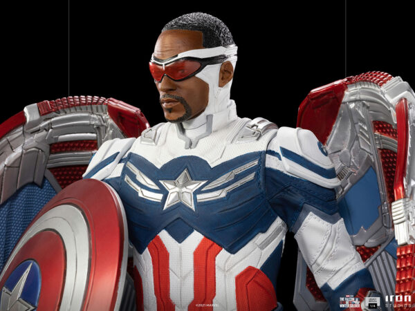 Marvel Captain America Sam Wilson Complete Version Statue by Iron Studios, showcasing the iconic superhero Sam Wilson as Captain America with detailed craftsmanship, dynamic pose, and authentic comic book colors.