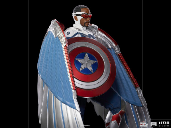 Marvel Captain America Sam Wilson Complete Version Statue by Iron Studios, showcasing the iconic superhero Sam Wilson as Captain America with detailed craftsmanship, dynamic pose, and authentic comic book colors.