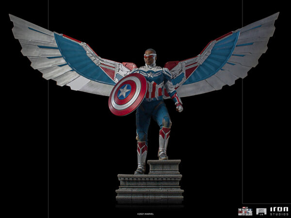 Marvel Captain America Sam Wilson Complete Version Statue by Iron Studios, showcasing the iconic superhero Sam Wilson as Captain America with detailed craftsmanship, dynamic pose, and authentic comic book colors.