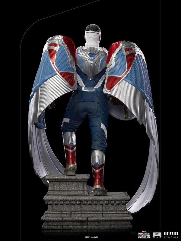 Marvel Captain America Sam Wilson Complete Version Statue by Iron Studios, showcasing the iconic superhero Sam Wilson as Captain America with detailed craftsmanship, dynamic pose, and authentic comic book colors.