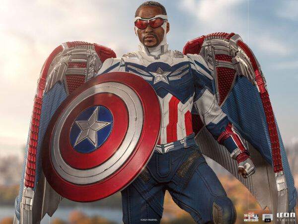 Marvel Captain America Sam Wilson Complete Version Statue by Iron Studios, showcasing the iconic superhero Sam Wilson as Captain America with detailed craftsmanship, dynamic pose, and authentic comic book colors.