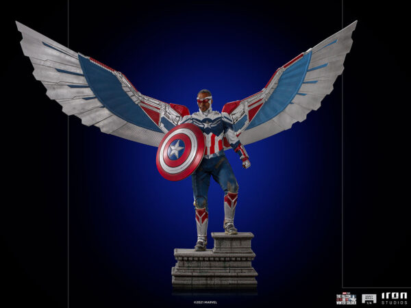 Marvel Captain America Sam Wilson Complete Version Statue by Iron Studios, showcasing the iconic superhero Sam Wilson as Captain America with detailed craftsmanship, dynamic pose, and authentic comic book colors.