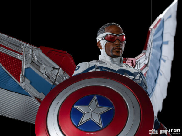 Marvel Captain America Sam Wilson Complete Version Statue by Iron Studios, showcasing the iconic superhero Sam Wilson as Captain America with detailed craftsmanship, dynamic pose, and authentic comic book colors.