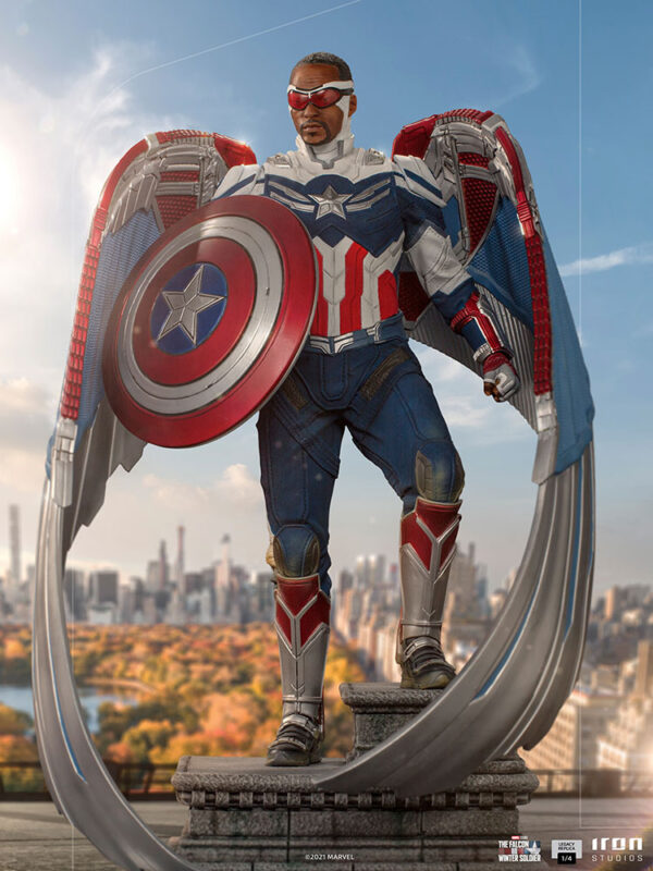 Marvel Captain America Sam Wilson Complete Version Statue by Iron Studios, showcasing the iconic superhero Sam Wilson as Captain America with detailed craftsmanship, dynamic pose, and authentic comic book colors.