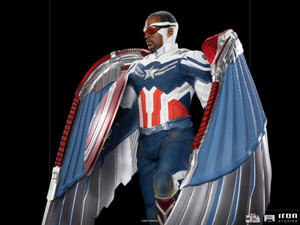 Marvel Captain America Sam Wilson Complete Version Statue by Iron Studios, showcasing the iconic superhero Sam Wilson as Captain America with detailed craftsmanship, dynamic pose, and authentic comic book colors.