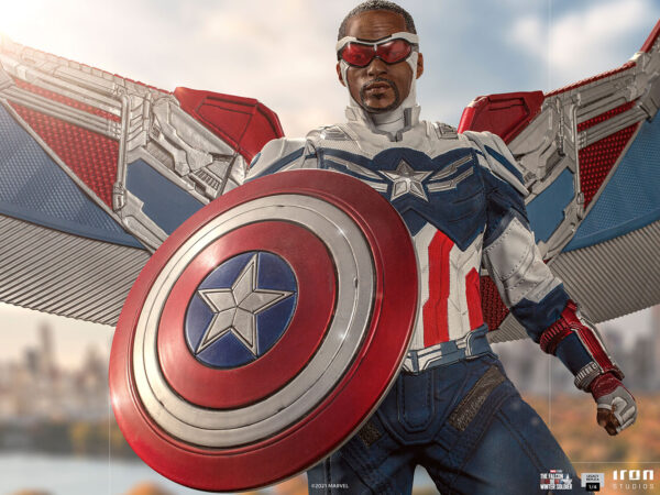 Marvel Captain America Sam Wilson Complete Version Statue by Iron Studios, showcasing the iconic superhero Sam Wilson as Captain America with detailed craftsmanship, dynamic pose, and authentic comic book colors.