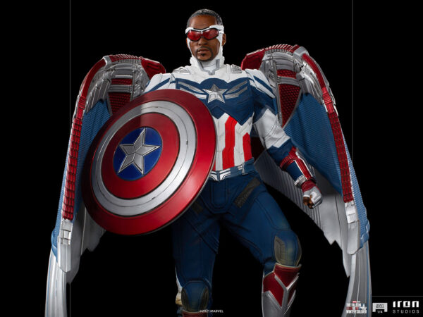 Marvel Captain America Sam Wilson Complete Version Statue by Iron Studios, showcasing the iconic superhero Sam Wilson as Captain America with detailed craftsmanship, dynamic pose, and authentic comic book colors.