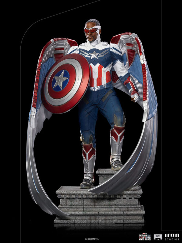 Marvel Captain America Sam Wilson Complete Version Statue by Iron Studios, showcasing the iconic superhero Sam Wilson as Captain America with detailed craftsmanship, dynamic pose, and authentic comic book colors.