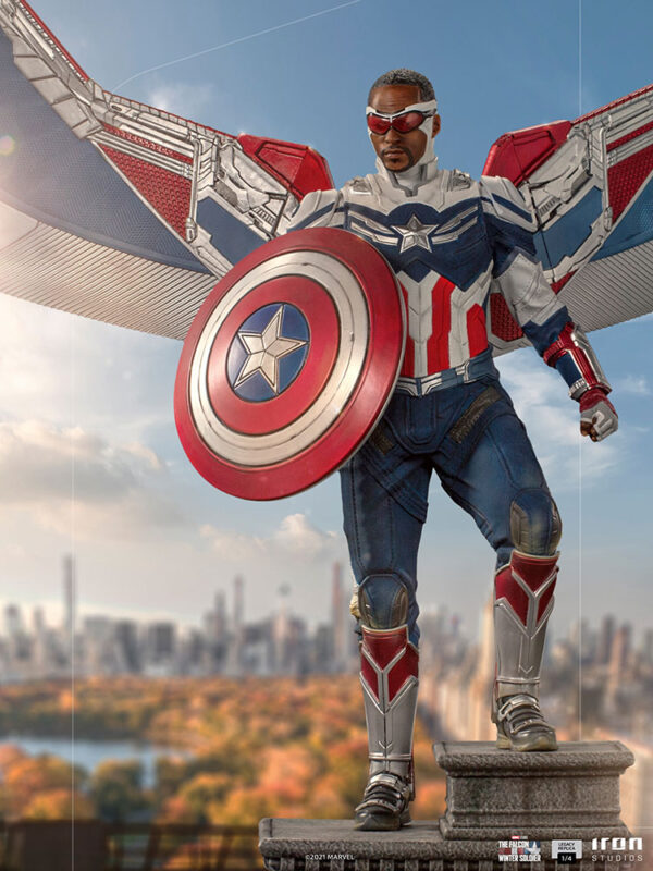 Marvel Captain America Sam Wilson Complete Version Statue by Iron Studios, showcasing the iconic superhero Sam Wilson as Captain America with detailed craftsmanship, dynamic pose, and authentic comic book colors.