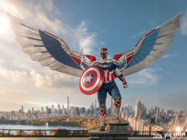 Marvel Captain America Sam Wilson Complete Version Statue by Iron Studios, showcasing the iconic superhero Sam Wilson as Captain America with detailed craftsmanship, dynamic pose, and authentic comic book colors.