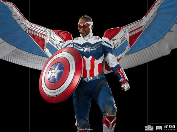 Marvel Captain America Sam Wilson Complete Version Statue by Iron Studios, showcasing the iconic superhero Sam Wilson as Captain America with detailed craftsmanship, dynamic pose, and authentic comic book colors.