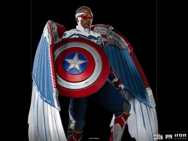 Marvel Captain America Sam Wilson Complete Version Statue by Iron Studios, showcasing the iconic superhero Sam Wilson as Captain America with detailed craftsmanship, dynamic pose, and authentic comic book colors.