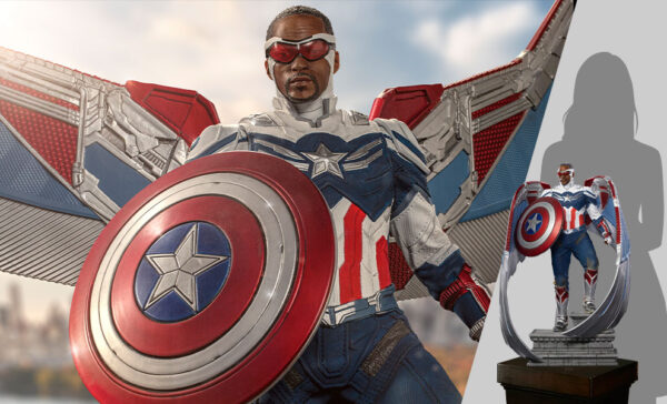 Marvel Captain America Sam Wilson Complete Version Statue by Iron Studios, showcasing the iconic superhero Sam Wilson as Captain America with detailed craftsmanship, dynamic pose, and authentic comic book colors.