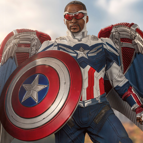 Marvel Captain America Sam Wilson Complete Version Statue by Iron Studios, showcasing the iconic superhero Sam Wilson as Captain America with detailed craftsmanship, dynamic pose, and authentic comic book colors.