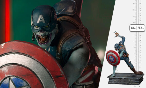 Zombie Captain America Art Scale 1:10 Statue. Zombie Captain America statue in a crouched pose, holding his iconic shield in a defensive stance. His skin appears decayed and blue-toned, with exposed muscles and torn uniform, embodying a grotesque and undead version of the classic Marvel superhero. The statue is set on a rugged, metallic base.