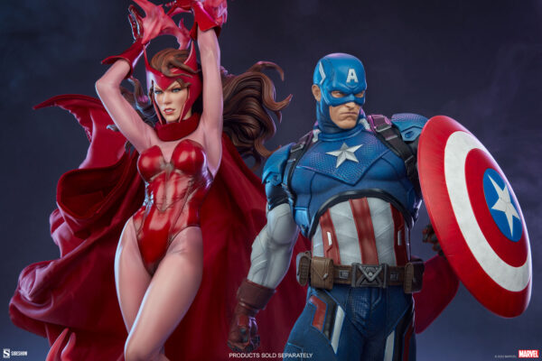 Marvel Scarlet Witch Premium Format™ Figure from Sideshow Collectibles, 2021. Statues of two Marvel characters in dynamic poses with detailed costumes and a dark background.