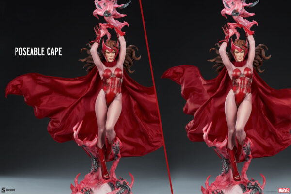 Marvel Scarlet Witch Premium Format™ Figure from Sideshow Collectibles, 2021. Two side-by-side images of a figurine of a female superhero in a red costume with a large flowing cape, set against a grey background with text "POSEABLE CAPE" displayed.