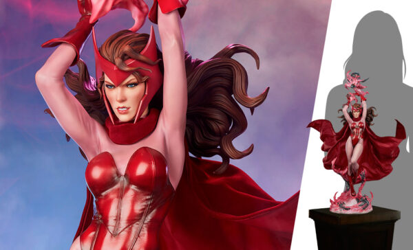 Marvel Scarlet Witch Premium Format™ Figure from Sideshow Collectibles, 2021. A collectible statue of a female superhero in a dynamic pose with flowing red cape and costume, displayed against a purple background.