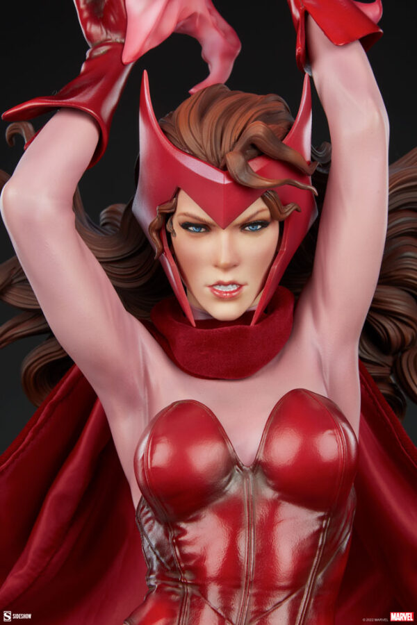 Marvel Scarlet Witch Premium Format™ Figure from Sideshow Collectibles, 2021. Close-up of a Scarlet Witch collectible figure with detailed costume and dynamic flowing cape.