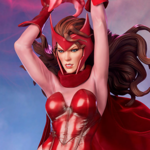 Marvel Scarlet Witch Premium Format™ Figure from Sideshow Collectibles, 2021. A figure of a stylized female superhero in a red costume with a prominent headpiece, striking a dynamic pose with a dramatic, wind-swept hair effect against a purple-hued background.